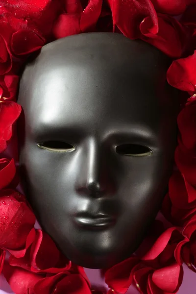黑色嘉年华的面具和红色的玫瑰花瓣 — 图库照片