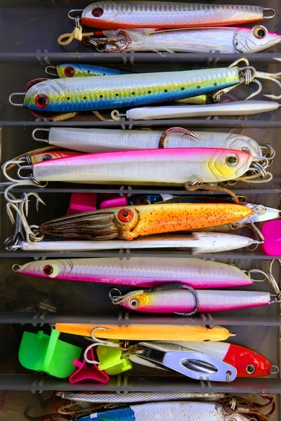 Colorful fishing saltwater fish lures box — Stock Photo, Image