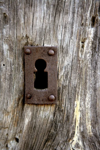 Yaşlı gri eski ahşap üzerinde anahtar deliği — Stok fotoğraf