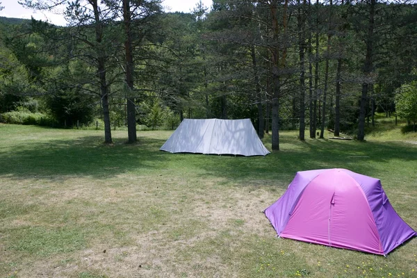 Αρχιτεκτονικά grunge ηλικίας πηλό κεραμίδια在绿色的草地的野营帐篷字段。 — 图库照片