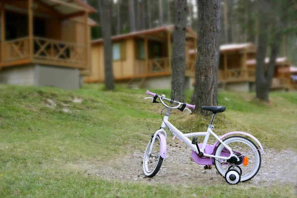 Chidren bicicleta rosa en la montaña cabaña de madera — Foto de Stock