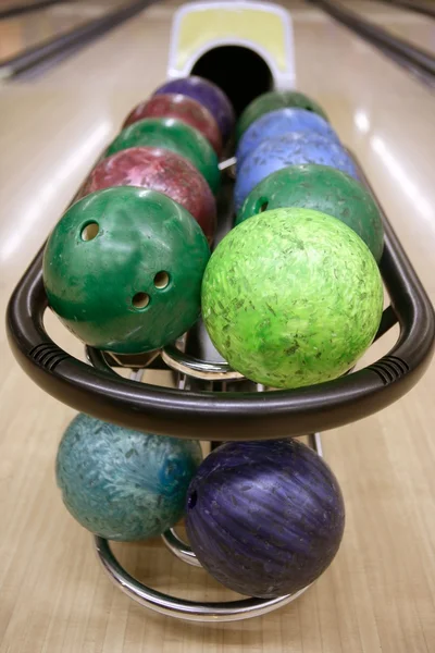 Bowling balls perspective in game center — Stock Photo, Image