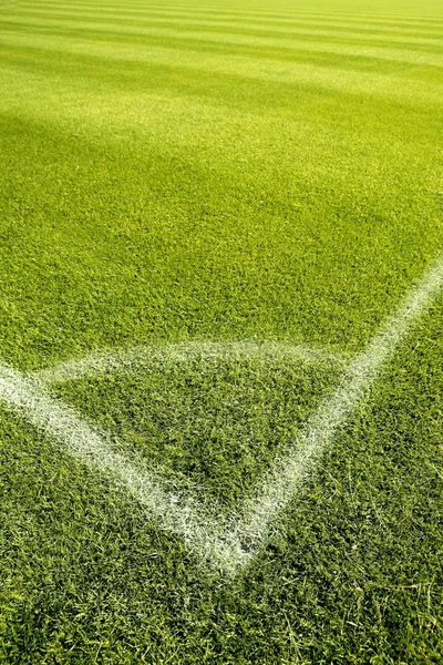 Voetbal groen gras veld hoek witte lijnen — Stockfoto