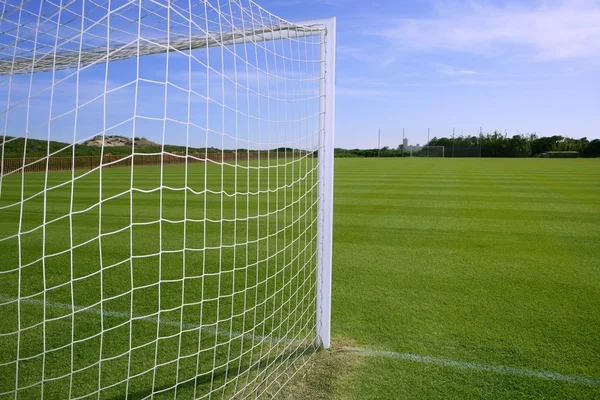 Piłka nożna netto cel boisko zielone trawy — Zdjęcie stockowe