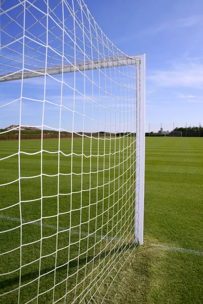 Piłka nożna netto cel boisko zielone trawy — Zdjęcie stockowe