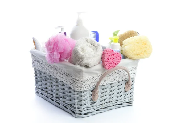 Bath toiletries basket with shower gel — Stock Photo, Image