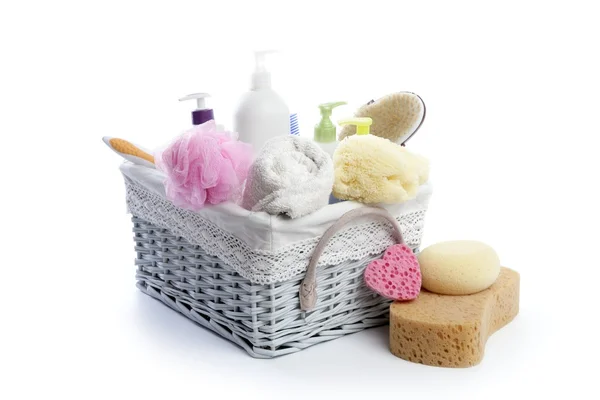 Toaletní věci houba gel šampon ručníky — Stock fotografie