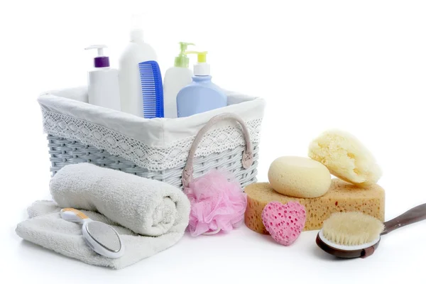 Bad zeep en shampoo mand met douchegel — Stockfoto