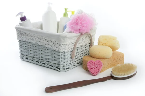 Bath toiletries basket with shower gel — Stock Photo, Image