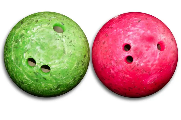 Boules de bowling rouge un vert isolé sur blanc — Photo