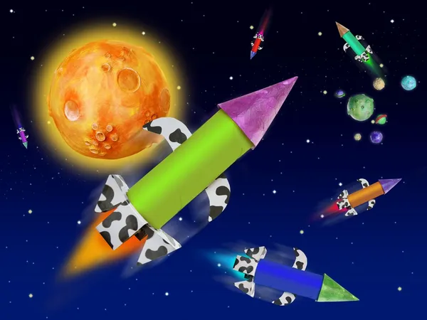 Красочные фантазии ракеты летят в голубое пространство — стоковое фото