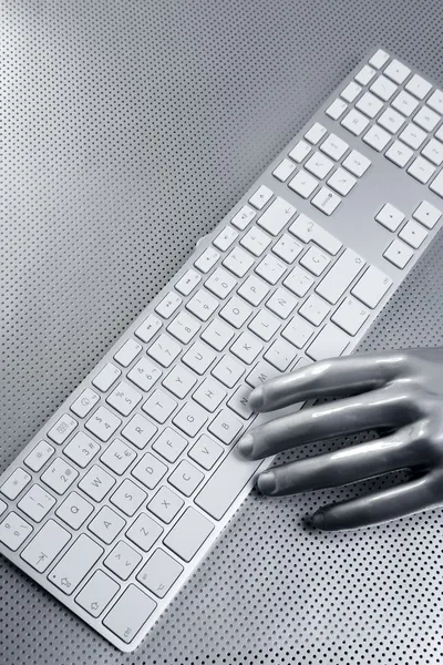 Computer keyboard aluminum silver hand — Stock Photo, Image
