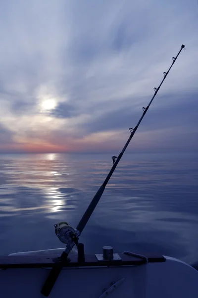 Boat fishing sunrise on mediterranean sea ocean — Stock Photo, Image