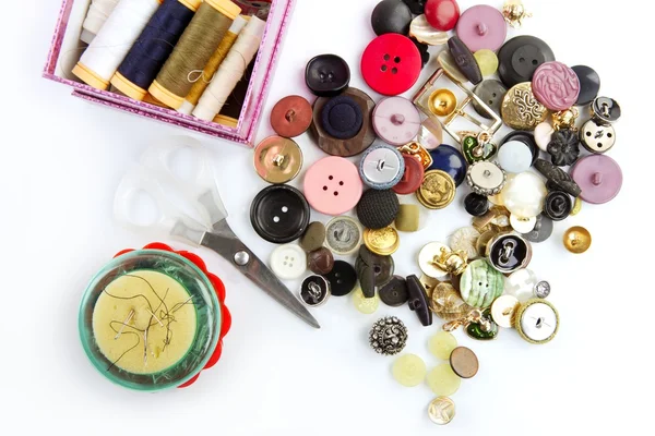 Sewing stuff buttons nails thread scissors — Stock Photo, Image