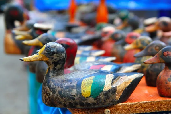 Duck decoy arrangement colorful row — Stock Photo, Image
