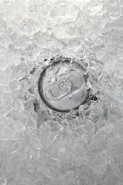 Drink can iced submerged in frost ice closeup — Stock Photo, Image