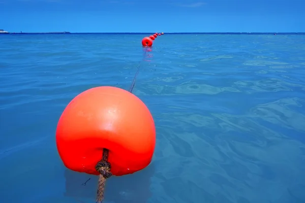 Червоний буй ряд плаваюче синє море з мотузкою крупним планом — стокове фото