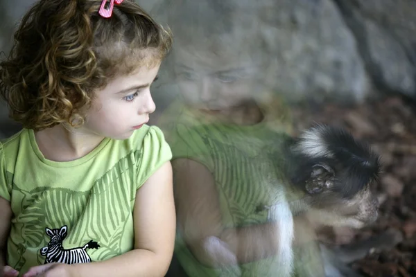 Kisgyermek lány nézett a majom — Stock Fotó