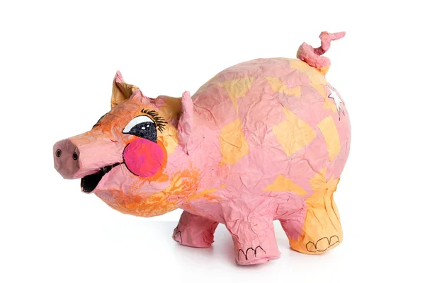 Lindo pequeño juguete hecho a mano de cerdo rosa en blanco —  Fotos de Stock