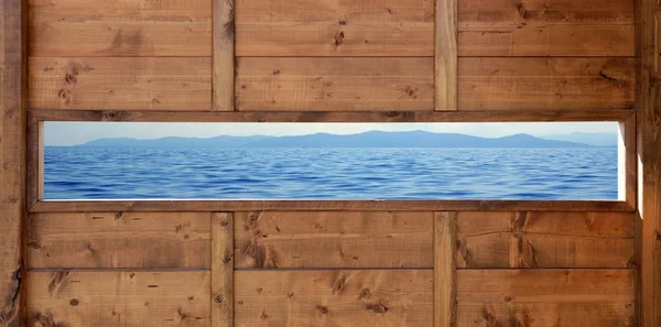 Panorâmica janela de madeira mar oceano — Fotografia de Stock