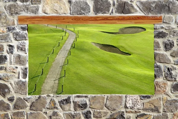 Stone masonry wall window golf course view — Stock Photo, Image