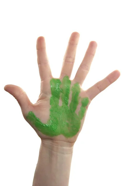 Мать руки окрашены в зеленый цвет детей — стоковое фото