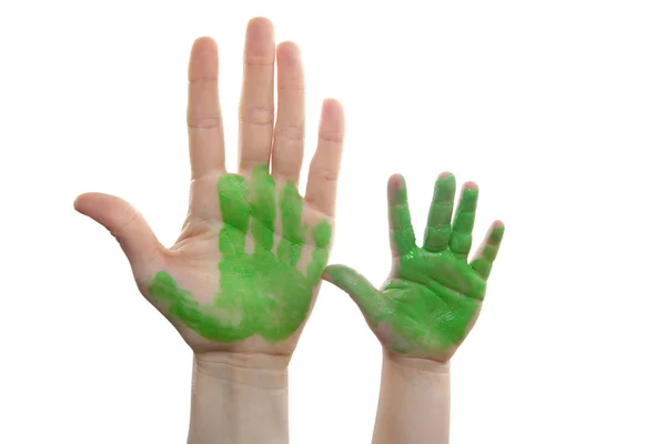 绿色环保涂料的母亲、 儿子、 女儿的手 — 图库照片