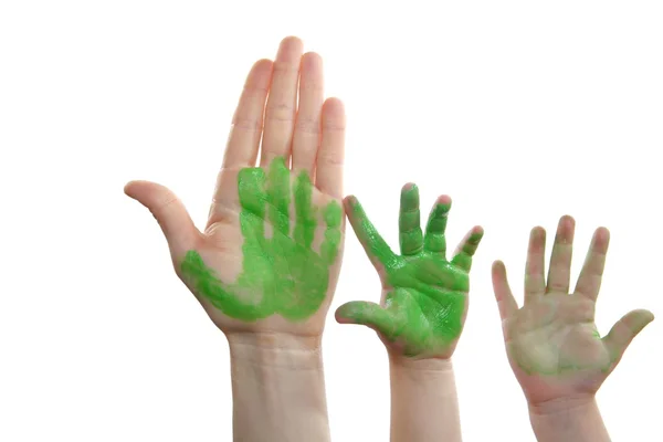 Groene verf moeder, zoon, dochter hand — Stockfoto