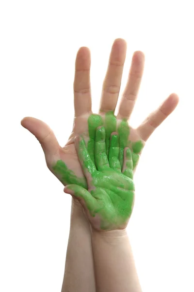 Zöld festék anya, fia, lánya kezét — Stock Fotó