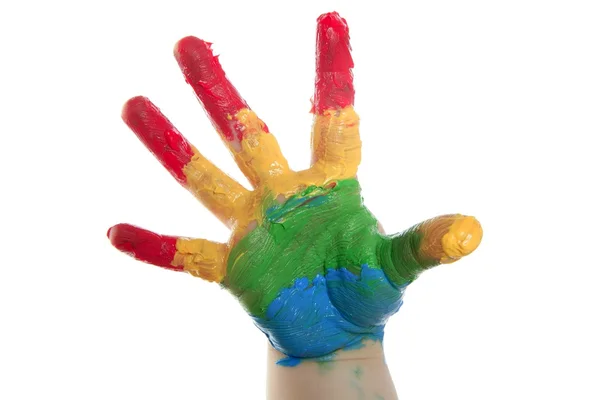 Colorful children hand painted over white — Stock Photo, Image