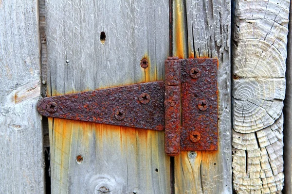 Rusty aged iron hinge weathered gray wood door — Stock Photo, Image