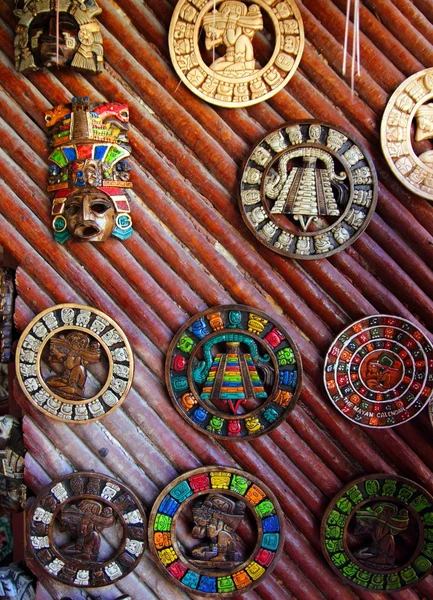 Aztec mayan calendar wooden handcrafts Mexico — Stock Photo, Image