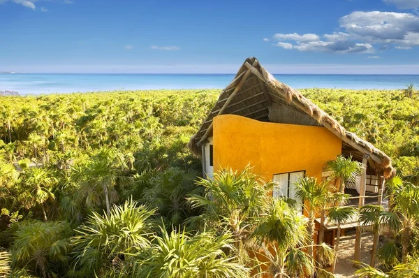 Κίτρινο σπίτι στο Μεξικό τροπική ζούγκλα Καραϊβικής — Φωτογραφία Αρχείου