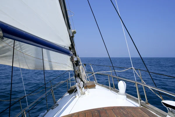 Sailing with an old sailboat over mediterranean sea Stock Image