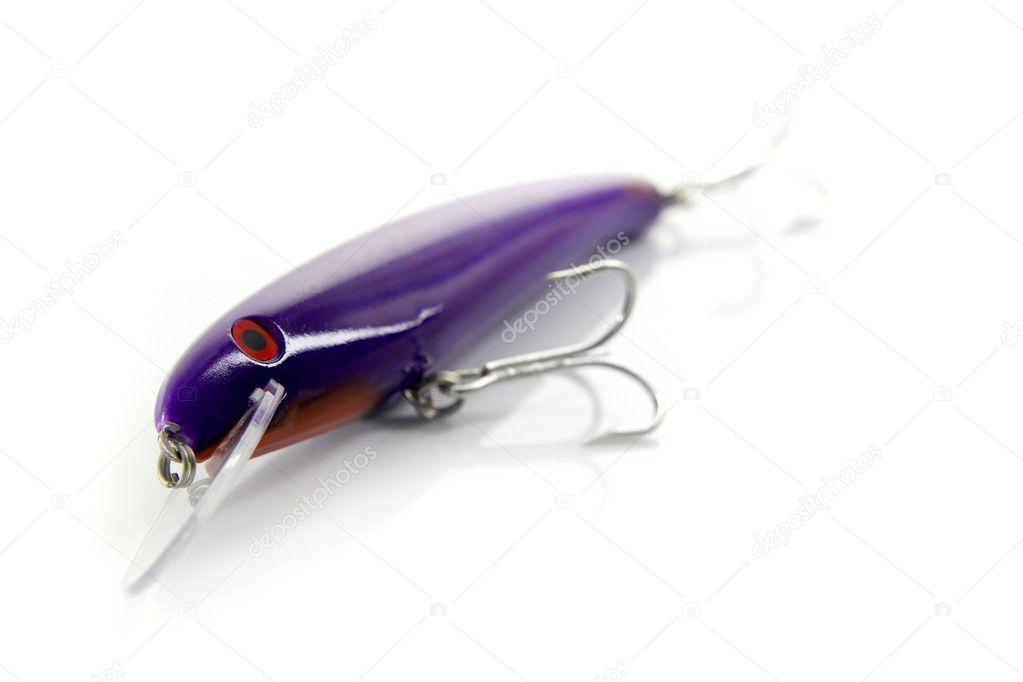 Tuna fishing lure purple over white background