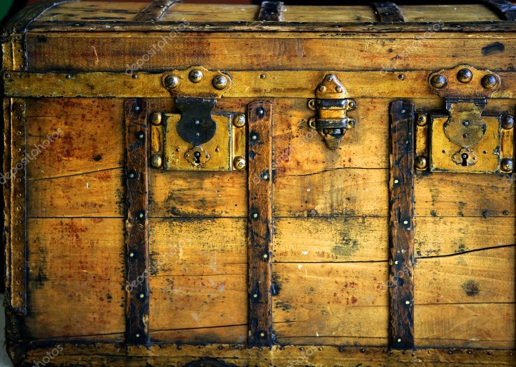 Old Wooden Chest Trunk In Golden Color, Old Wooden Trunk