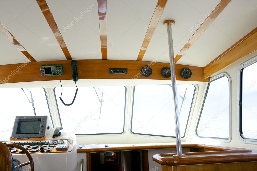 Classic Fishing Boat White And Wood Interior Stock Photo