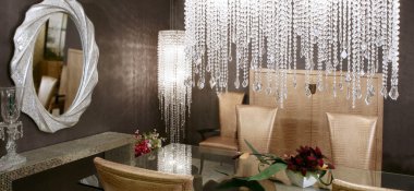 Dining room crystal lamp golden chairs clipart