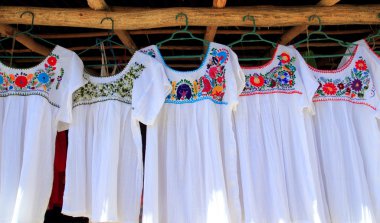 Chiapas mayan white dress embroided flowers clipart