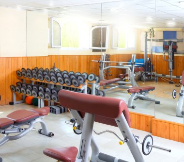 Gym interior bodybuliding weights exercise room clipart