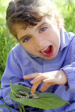 Little girl palying with silkworm in hands clipart