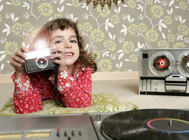 Camera retro photo little girl in vintage room clipart