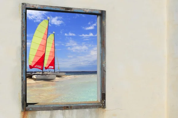 Formentera beach hobie cat Illetes window view — Stock Photo, Image
