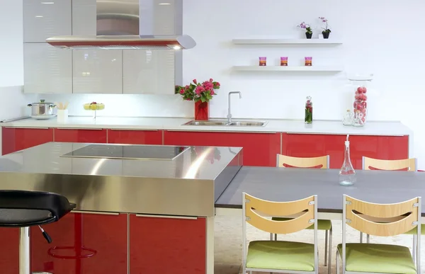 Red island kitchen silver modern interior house — Stock Photo, Image