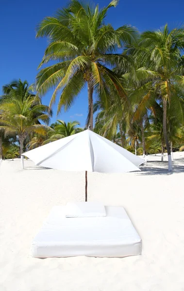 Ombrellone spiaggia tropicale ombrellone materasso palme — Foto Stock