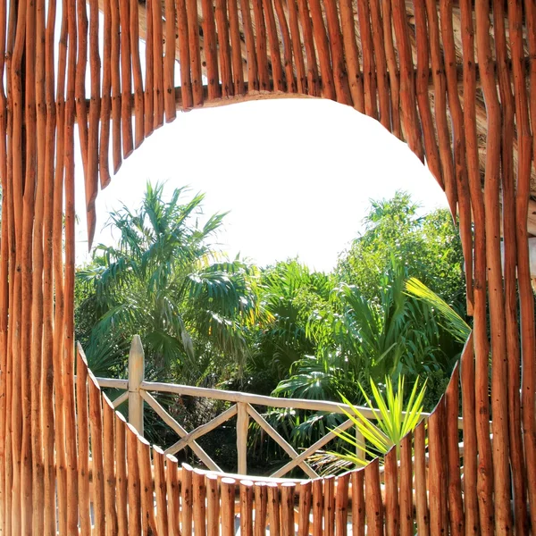 Круглое окно в деревянной кабине из тропических джунглей — стоковое фото