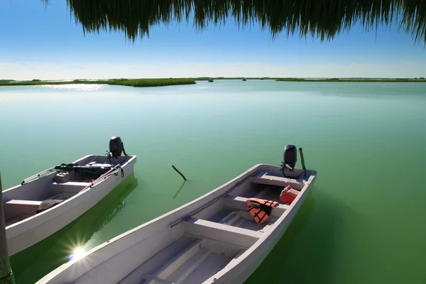 Βάρκες στην προβλήτα μανγκρόβια λιμνοθάλασσα στη Ριβιέρα Μάγια — Φωτογραφία Αρχείου