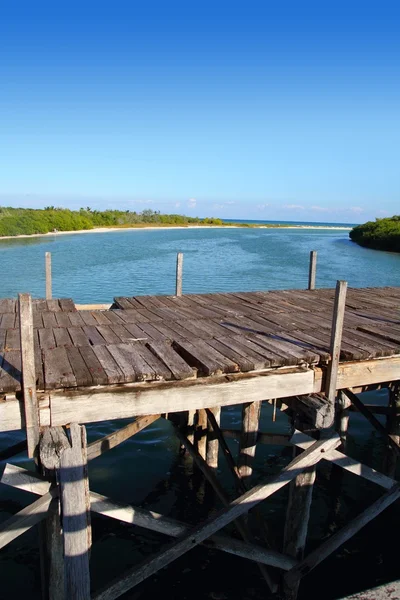 Gealterte tropische Holzbrücke in sian kaan tulum — Stockfoto