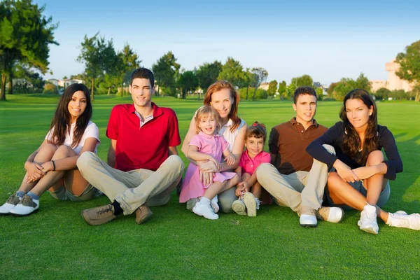Группа друзей семьи сидя зеленая трава — стоковое фото