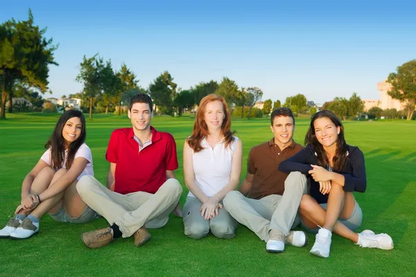 Группа друзей счастливо сидит зеленая трава — стоковое фото